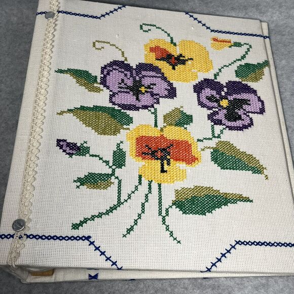 Handcrafted Greeting Card Keeper Binder Fabric Cross Stitch Pansies Organizer - Picture 13 of 16